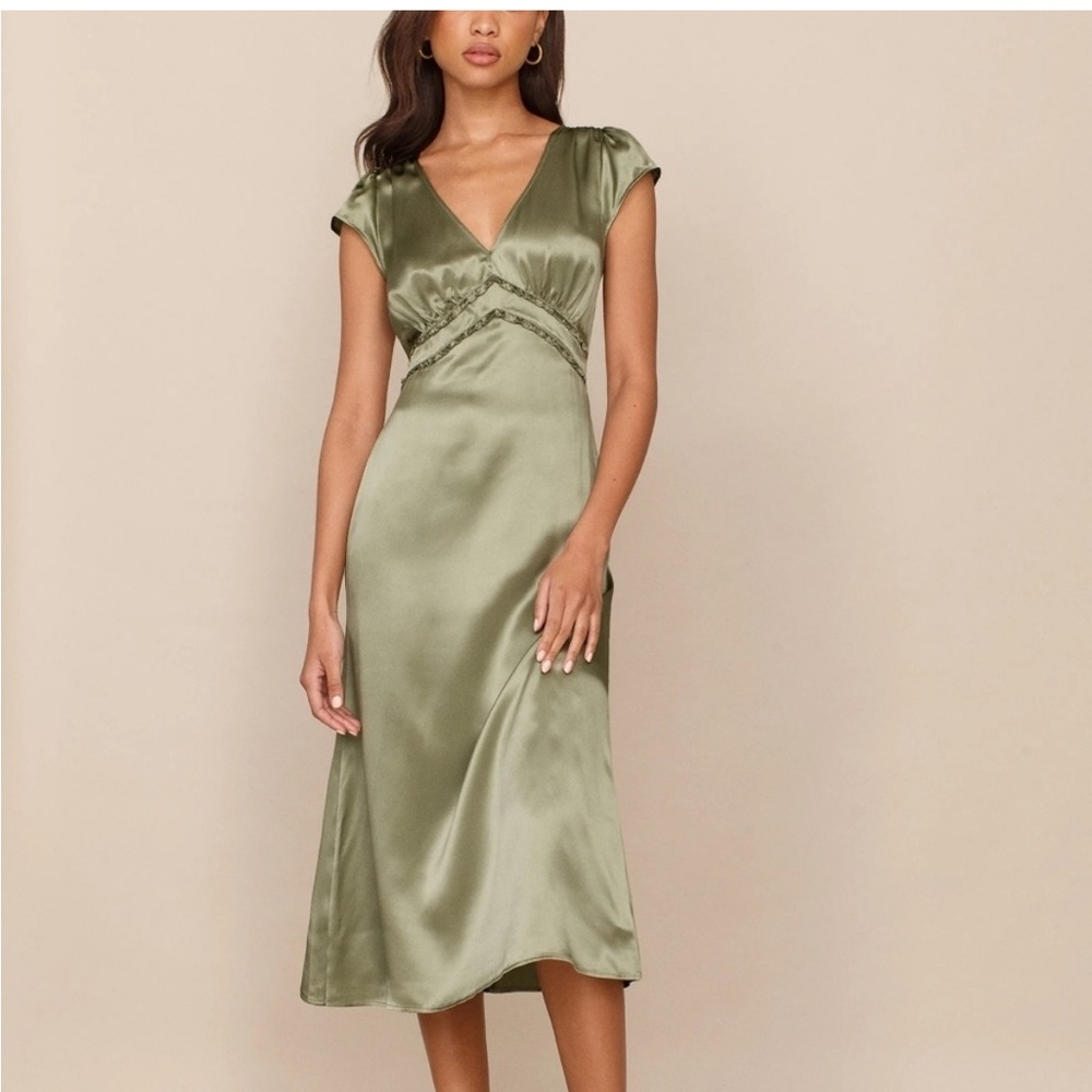 Reformation Green Ruched Sheath Midi Dress